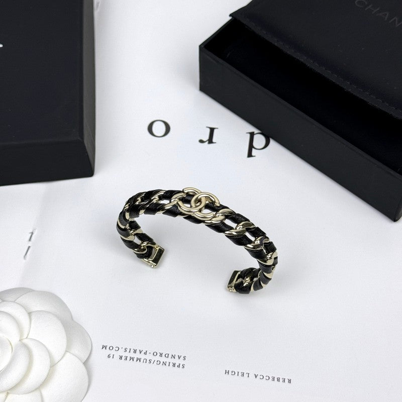 18K  Chanel 26C Black Leather Cuff Bracelet